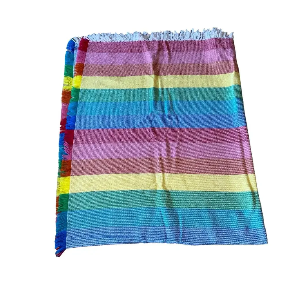 Vintage Mid-Century Modern Striped Rainbow Square Fringe Trim Tablecloth 50